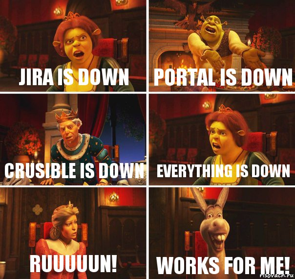 Jira is down Portal is down Crusible is down Everything is down Ruuuuun! Works for me!, Комикс  Шрек Фиона Гарольд Осел