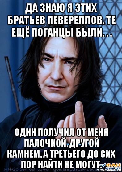 да знаю я этих братьев певереллов. те ещё поганцы были. . . один получил от меня палочкой, другой камнем, а третьего до сих пор найти не могут., Мем Снейп подзывает пальцем