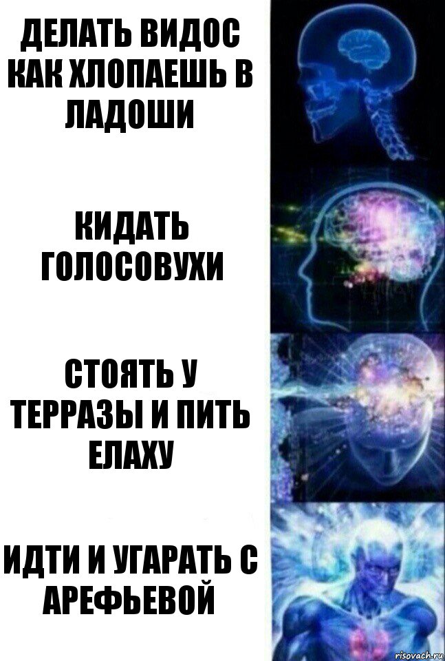 Делать видос как хлопаешь в ладоши Кидать голосовухи Стоять у Терразы и пить Елаху Идти и угарать с Арефьевой, Комикс  Сверхразум
