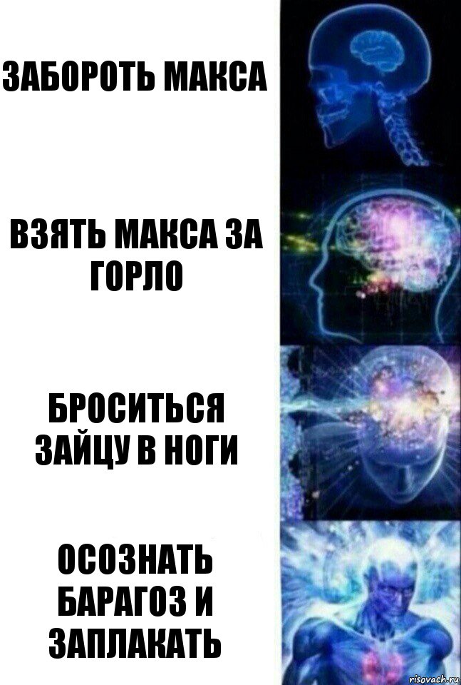 Забороть макса Взять макса за горло Броситься зайцу в ноги Осознать барагоз и заплакать, Комикс  Сверхразум