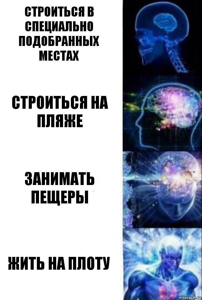 Строиться в специально подобранных местах Строиться на пляже Занимать пещеры Жить на плоту, Комикс  Сверхразум