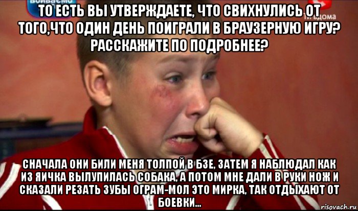 то есть вы утверждаете, что свихнулись от того,что один день поиграли в браузерную игру? расскажите по подробнее? сначала они били меня толпой в бзе, затем я наблюдал как из яичка вылупилась собака, а потом мне дали в руки нож и сказали резать зубы ограм-мол это мирка, так отдыхают от боевки..., Мем  Сашок Фокин