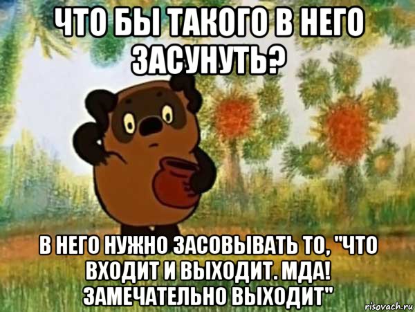 что бы такого в него засунуть? в него нужно засовывать то, "что входит и выходит. мда! замечательно выходит", Мем Винни пух чешет затылок