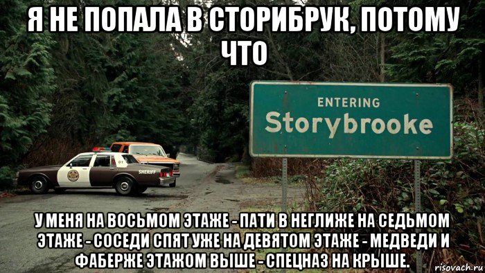 я не попала в сторибрук, потому что у меня на восьмом этаже - пати в неглиже на седьмом этаже - соседи спят уже на девятом этаже - медведи и фаберже этажом выше - спецназ на крыше.