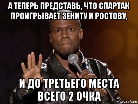 а теперь представь, что спартак проигрывает зениту и ростову, и до третьего места всего 2 очка, Мем  А теперь представь