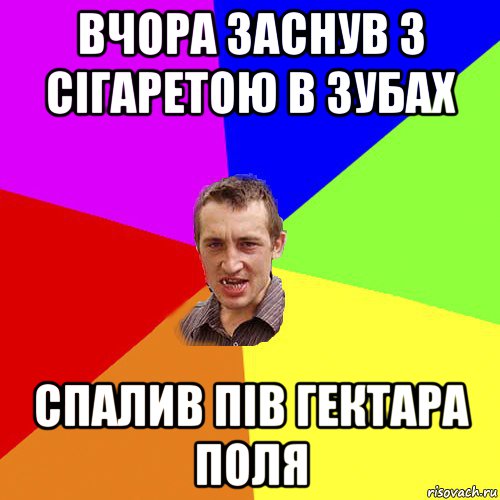 вчора заснув з сігаретою в зубах спалив пів гектара поля, Мем Чоткий паца