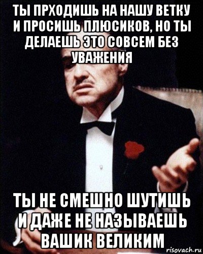 ты прходишь на нашу ветку и просишь плюсиков, но ты делаешь это совсем без уважения ты не смешно шутишь и даже не называешь вашик великим