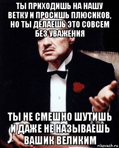 ты приходишь на нашу ветку и просишь плюсиков, но ты делаешь это совсем без уважения ты не смешно шутишь и даже не называешь вашик великим