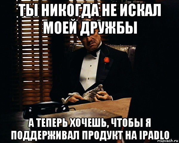 ты никогда не искал моей дружбы а теперь хочешь, чтобы я поддерживал продукт на ipadlo, Мем Дон Вито Корлеоне