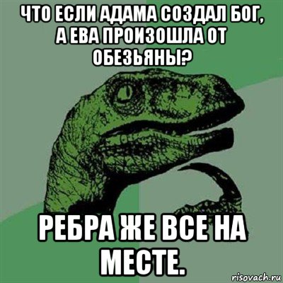 что если адама создал бог, а ева произошла от обезьяны? ребра же все на месте., Мем Филосораптор