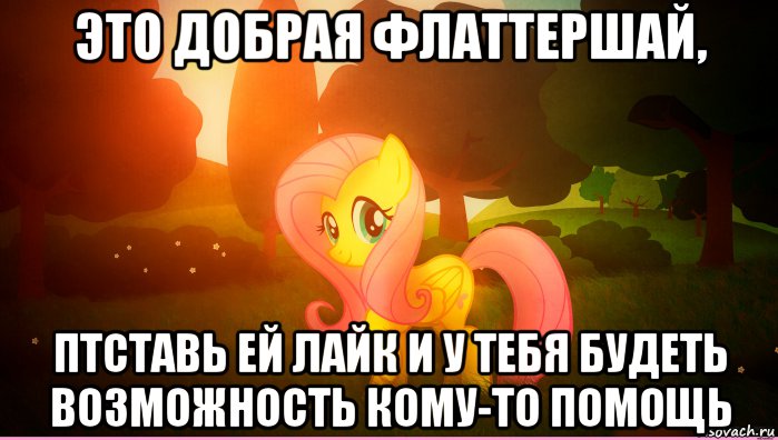 это добрая флаттершай, птставь ей лайк и у тебя будеть возможность кому-то помощь