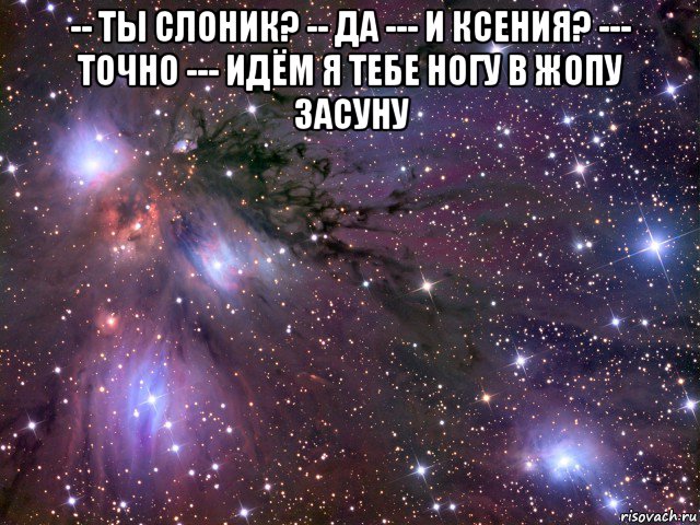 -- ты слоник? -- да --- и ксения? --- точно --- идём я тебе ногу в жопу засуну , Мем Космос