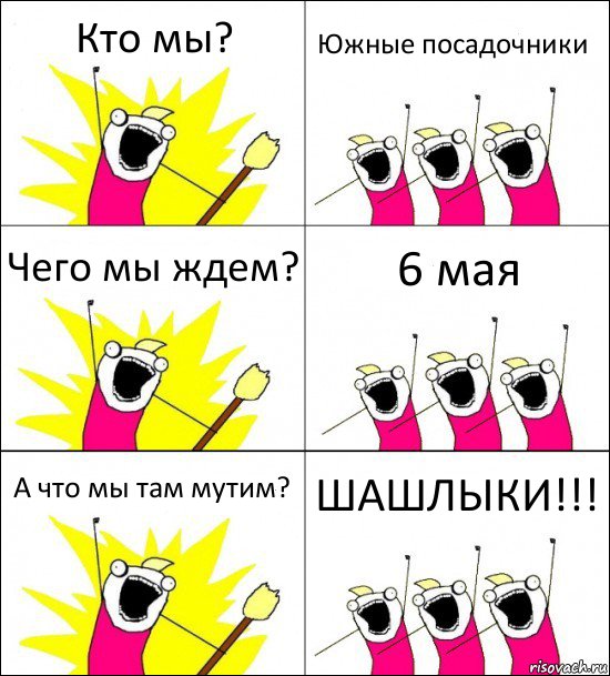 Кто мы? Южные посадочники Чего мы ждем? 6 мая А что мы там мутим? ШАШЛЫКИ!!!, Комикс кто мы