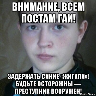 внимание, всем постам гаи! задержать синие «жигули»! будьте осторожны — преступник вооружён!