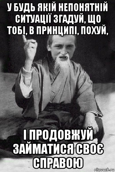 у будь якій непонятній ситуації згадуй, що тобі, в принципі, похуй, і продовжуй займатися своє справою, Мем Мудрий паца