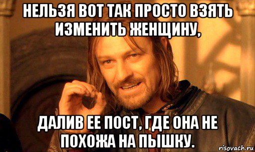 нельзя вот так просто взять изменить женщину, далив ее пост, где она не похожа на пышку., Мем Нельзя просто так взять и (Боромир мем)