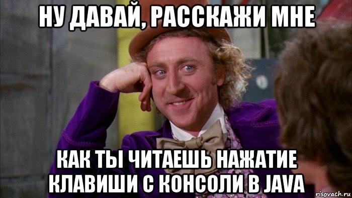 ну давай, расскажи мне как ты читаешь нажатие клавиши с консоли в java, Мем Ну давай расскажи (Вилли Вонка)