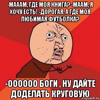 -мааам, где моя книга? -маам, я хочу есть! -дорогая, а где моя любимая футболка? -оооооо боги , ну дайте доделать круговую, Мем Почему