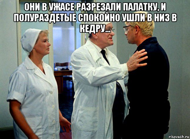 они в ужасе разрезали палатку, и полураздетые спокойно ушли в низ в кедру... 