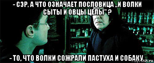 - сэр, а что означает пословица ,,и волки сыты и овцы целы'' ? - то, что волки сожрали пастуха и собаку., Мем Снейп