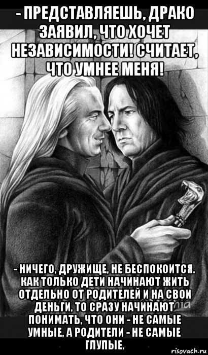 - представляешь, драко заявил, что хочет независимости! считает, что умнее меня! - ничего, дружище, не беспокоится. как только дети начинают жить отдельно от родителей и на свои деньги, то сразу начинают понимать, что они - не самые умные, а родители - не самые глупые., Мем Снейп