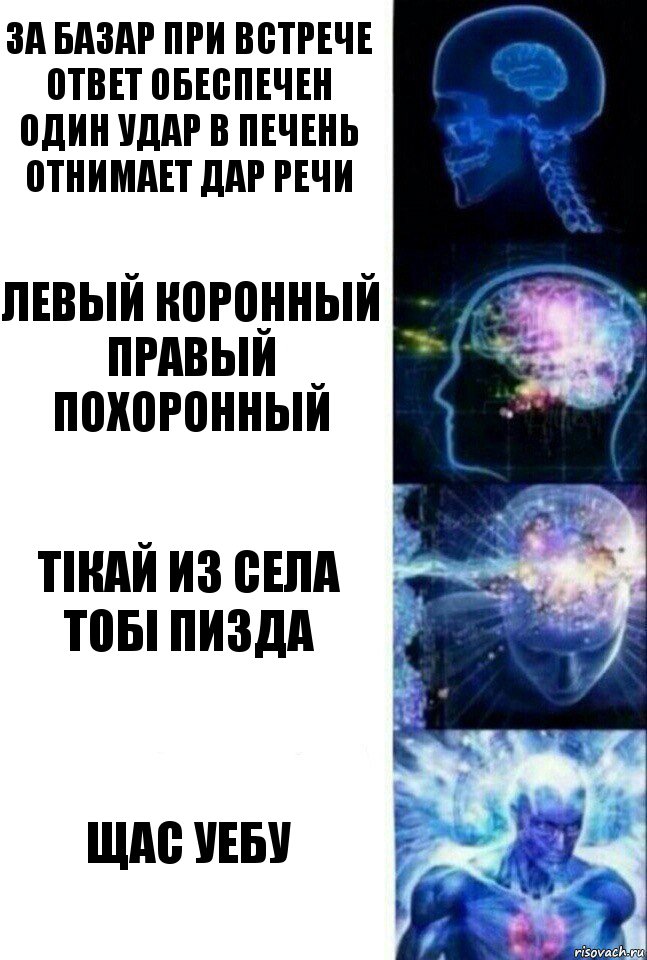 За базар при встрече
ответ обеспечен
один удар в печень
отнимает дар речи Левый коронный
правый похоронный Тікай из села тобі пизда ЩАС УЕБУ, Комикс  Сверхразум