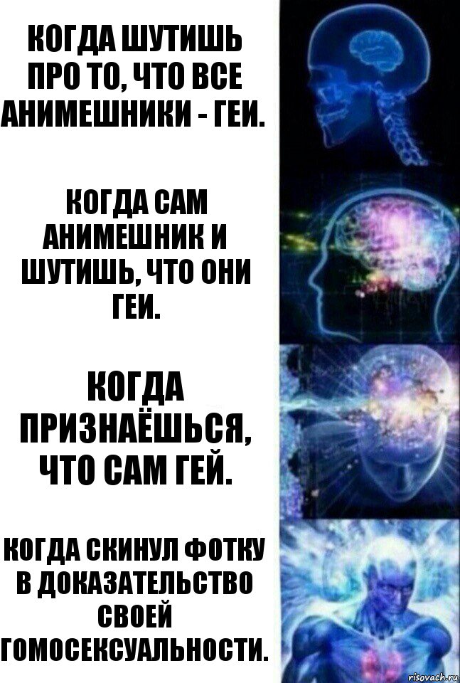 Когда шутишь про то, что все анимешники - геи. Когда сам анимешник и шутишь, что они геи. Когда признаёшься, что сам гей. Когда скинул фотку в доказательство своей гомосексуальности., Комикс  Сверхразум