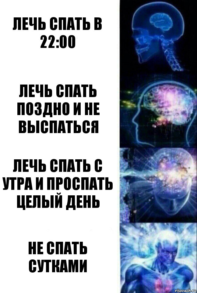 Лечь спать в 22:00 Лечь спать поздно и не выспаться Лечь спать с утра и проспать целый день Не спать сутками, Комикс  Сверхразум