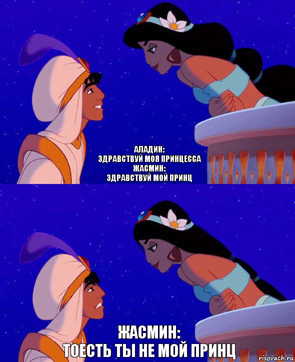 Аладин:
здравствуй моя принцесса
Жасмин:
здравствуй мой принц Жасмин:
тоесть ты не мой принц, Комикс  Алладин и Жасмин