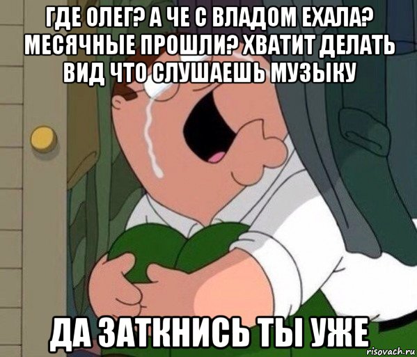 где олег? а че с владом ехала? месячные прошли? хватит делать вид что слушаешь музыку да заткнись ты уже, Мем Да заткнись ты уже