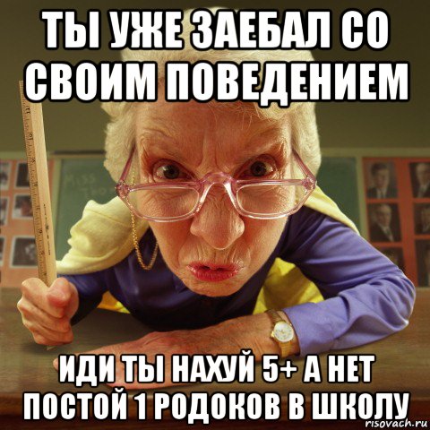 ты уже заебал со своим поведением иди ты нахуй 5+ а нет постой 1 родоков в школу, Мем Злая училка