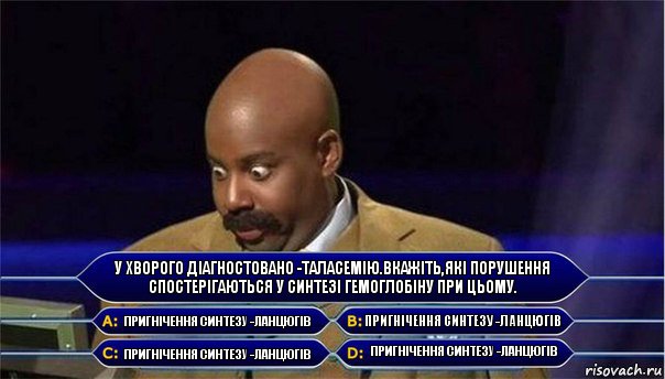 У хворого діагностовано -таласемію.вкажіть,які порушення спостерігаються у синтезі гемоглобіну при цьому. Пригнічення синтезу -ланцюгів Пригнічення синтезу -ланцюгів Пригнічення синтезу -ланцюгів Пригнічення синтезу -ланцюгів, Комикс      Кто хочет стать миллионером