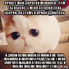 привет мой дорогой мужинек!-сам ты высох...у меня сегодня день уборки-поэтому я припозднилась и давай поласковей со мной я же твоя любимая-и женского рода...ты же у меня замечательный!а я так скучаю по тебе и люблю люблю люблю!!!-геля