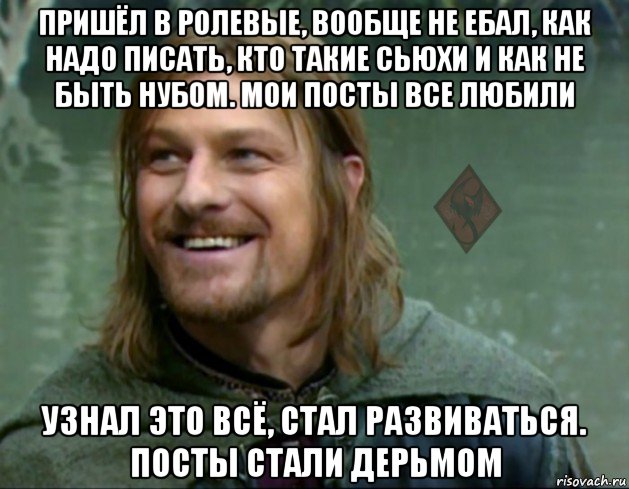 пришёл в ролевые, вообще не ебал, как надо писать, кто такие сьюхи и как не быть нубом. мои посты все любили узнал это всё, стал развиваться. посты стали дерьмом, Мем ОР Тролль Боромир