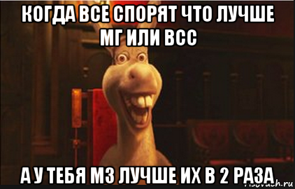 когда все спорят что лучше мг или всс а у тебя м3 лучше их в 2 раза, Мем Осел из Шрека