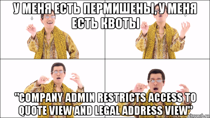 у меня есть пермишены, у меня есть квоты "company admin restricts access to quote view and legal address view"