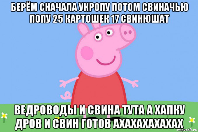 берём сначала укропу потом свиначью попу 25 картошек 17 свинюшат ведроводы и свина тута а хапку дров и свин готов ахахахахахах, Мем Пеппа