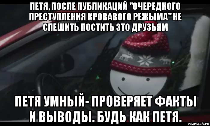 петя, после публикаций "очередного преступления кровавого режыма" не спешить постить это друзьям петя умный- проверяет факты и выводы. будь как петя., Мем Петя умный будь как петя
