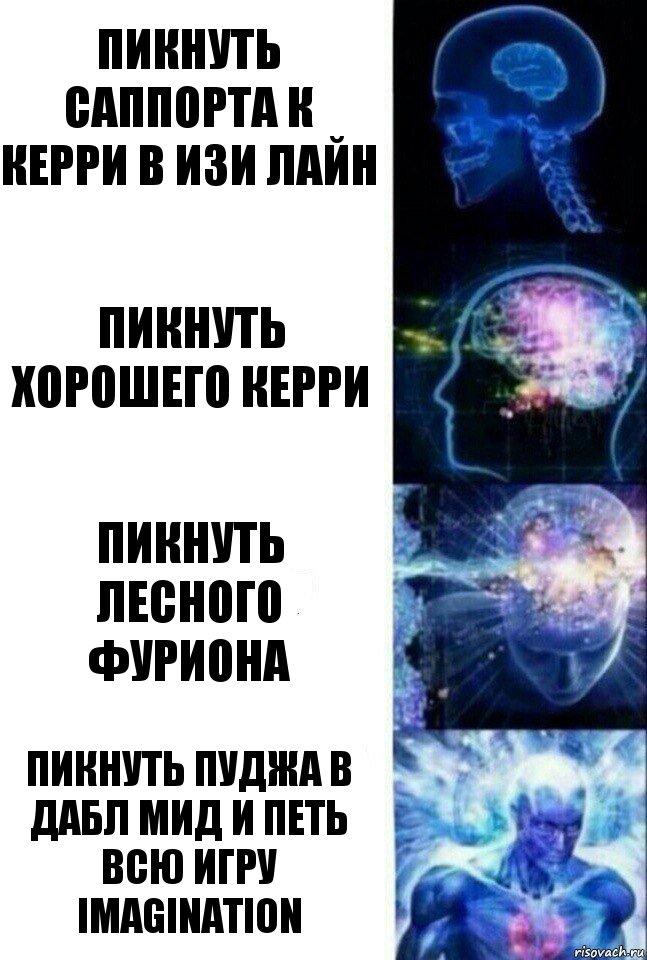 Пикнуть саппорта к керри в изи лайн Пикнуть хорошего керри Пикнуть лесного Фуриона Пикнуть пуджа в дабл мид и петь всю игру IMAGINATION, Комикс  Сверхразум