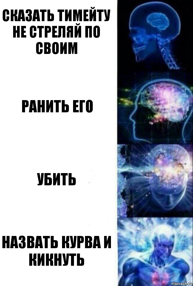 Сказать тимейту не стреляй по своим Ранить его Убить Назвать курва и кикнуть, Комикс  Сверхразум