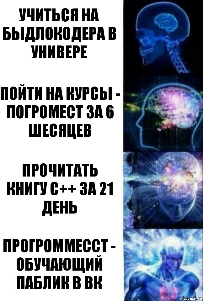 учиться на быдлокодера в универе пойти на курсы - погромест за 6 шесяцев прочитать книгу с++ за 21 день Прогроммесст - обучающий паблик в ВК, Комикс  Сверхразум