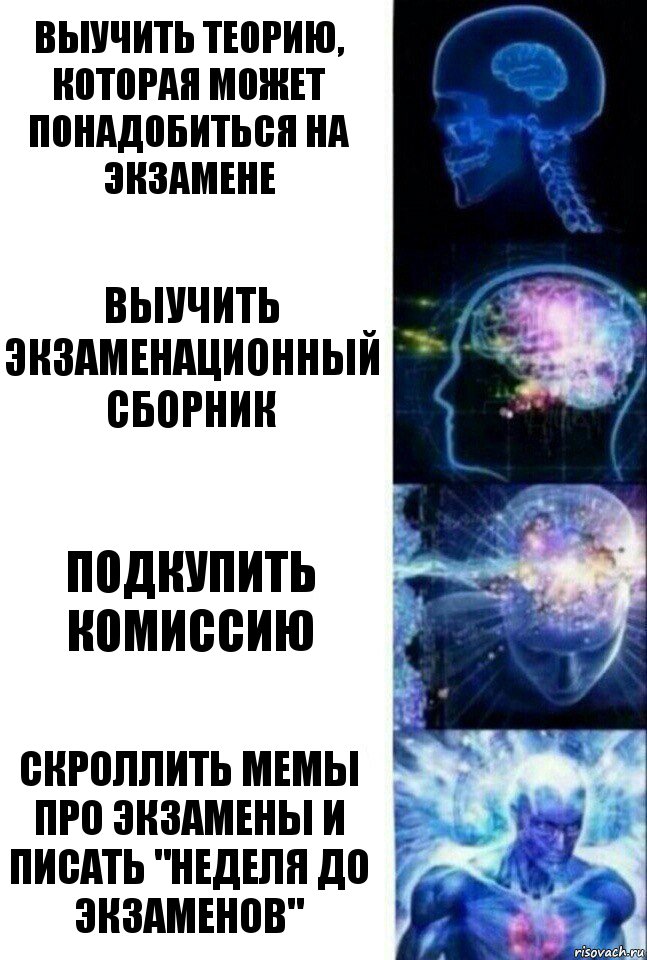 Выучить теорию, которая может понадобиться на экзамене Выучить экзаменационный сборник Подкупить комиссию Скроллить мемы про экзамены и писать "неделя до экзаменов", Комикс  Сверхразум