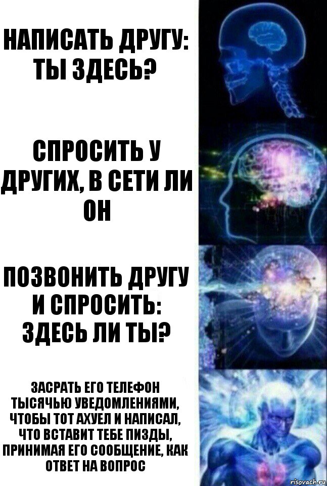 написать другу: ты здесь? спросить у других, в сети ли он позвонить другу и спросить: здесь ли ты? Засрать его телефон тысячью уведомлениями, чтобы тот ахуел и написал, что вставит тебе пизды, принимая его сообщение, как ответ на вопрос, Комикс  Сверхразум