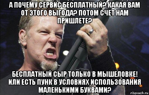 а почему сервис бесплатный? какая вам от этого выгода? потом счет нам пришлете? бесплатный сыр только в мышеловке! или есть пунк в условиях использования маленькими буквами?, Мем То чувство когда