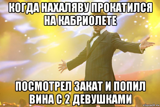 когда нахаляву прокатился на кабриолете посмотрел закат и попил вина с 2 девушками, Мем Тони Старк (Роберт Дауни младший)