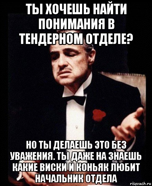 ты хочешь найти понимания в тендерном отделе? но ты делаешь это без уважения. ты даже на знаешь какие виски и коньяк любит начальник отдела, Мем ты делаешь это без уважения