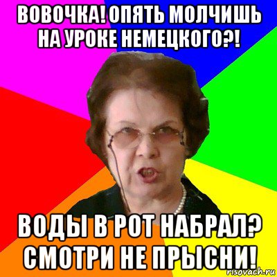 вовочка! опять молчишь на уроке немецкого?! воды в рот набрал? смотри не прысни!, Мем Типичная училка