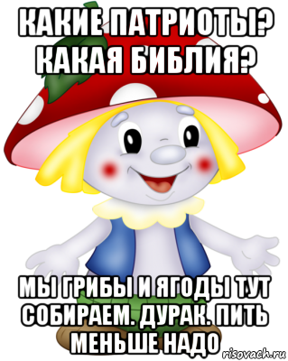 какие патриоты? какая библия? мы грибы и ягоды тут собираем. дурак. пить меньше надо, Мем Боровичок
