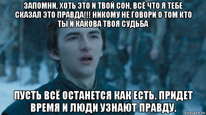 запомни, хоть это и твой сон, всё что я тебе сказал это правда!!! никому не говори о том кто ты и какова твоя судьба пусть всё останется как есть. придет время и люди узнают правду.