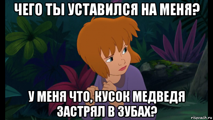 чего ты уставился на меня? у меня что, кусок медведя застрял в зубах?, Мем Джейн